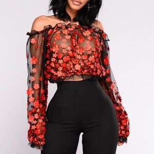 Tessa off shoulder embroidered mesh top - black/red
